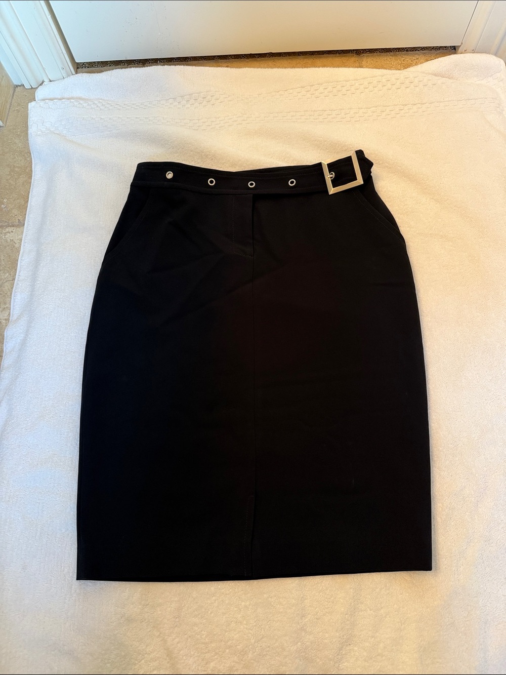 St John Classic Black Pencil Skirt with Buckle Waist